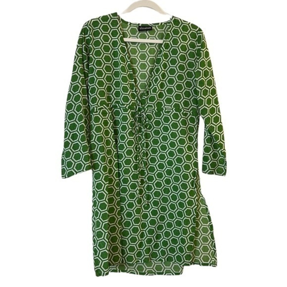 NWOT SHIRALEAH lightweight green & white cotton hexagon print tunic / coverup